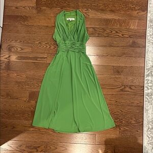 Evan-Picone Pleated Low Cut Halter Cocktail Midi Dress